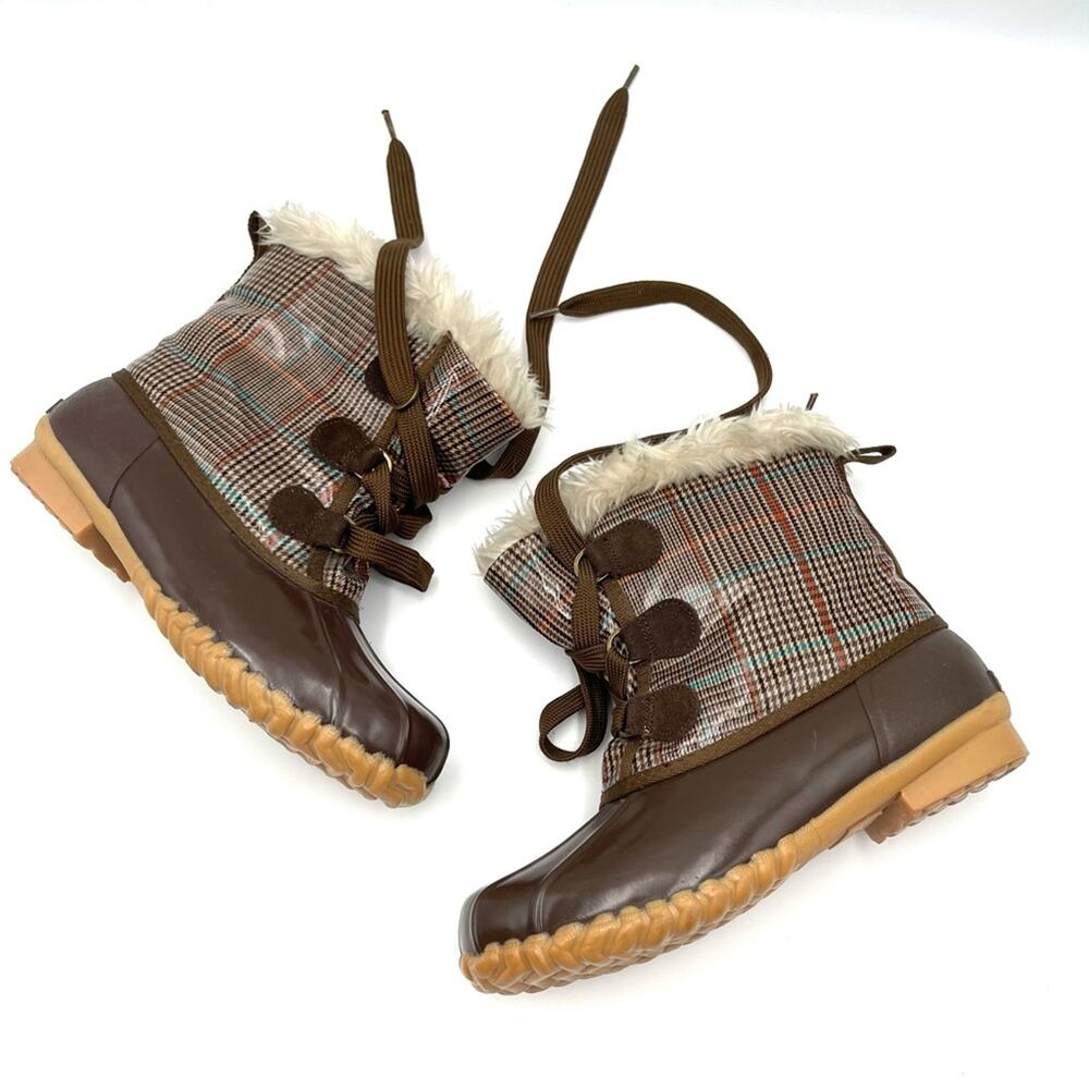 Sporto style kim4451902 women brown Plaid faux fur Lined Waterproof Duck Boots 8